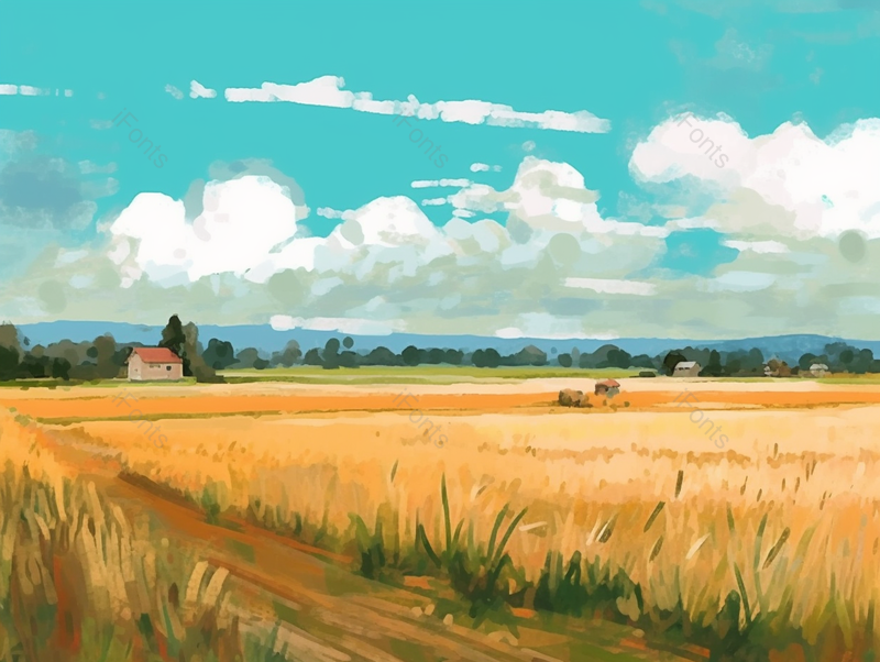 手绘插画夏季夏天小满时节的乡村田园田野田地小麦麦穗禾稻谷物丰收的画面油画,插画/手绘图,插画/手绘图库,插画/手绘图下载,插画/手绘